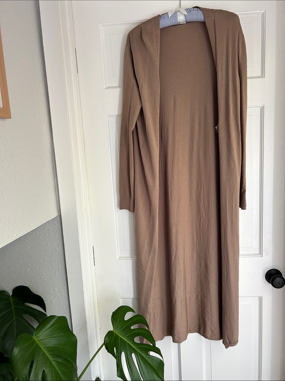 Babaton Long Lightweight Open-Front Cardigan in Taupe Brown Medium